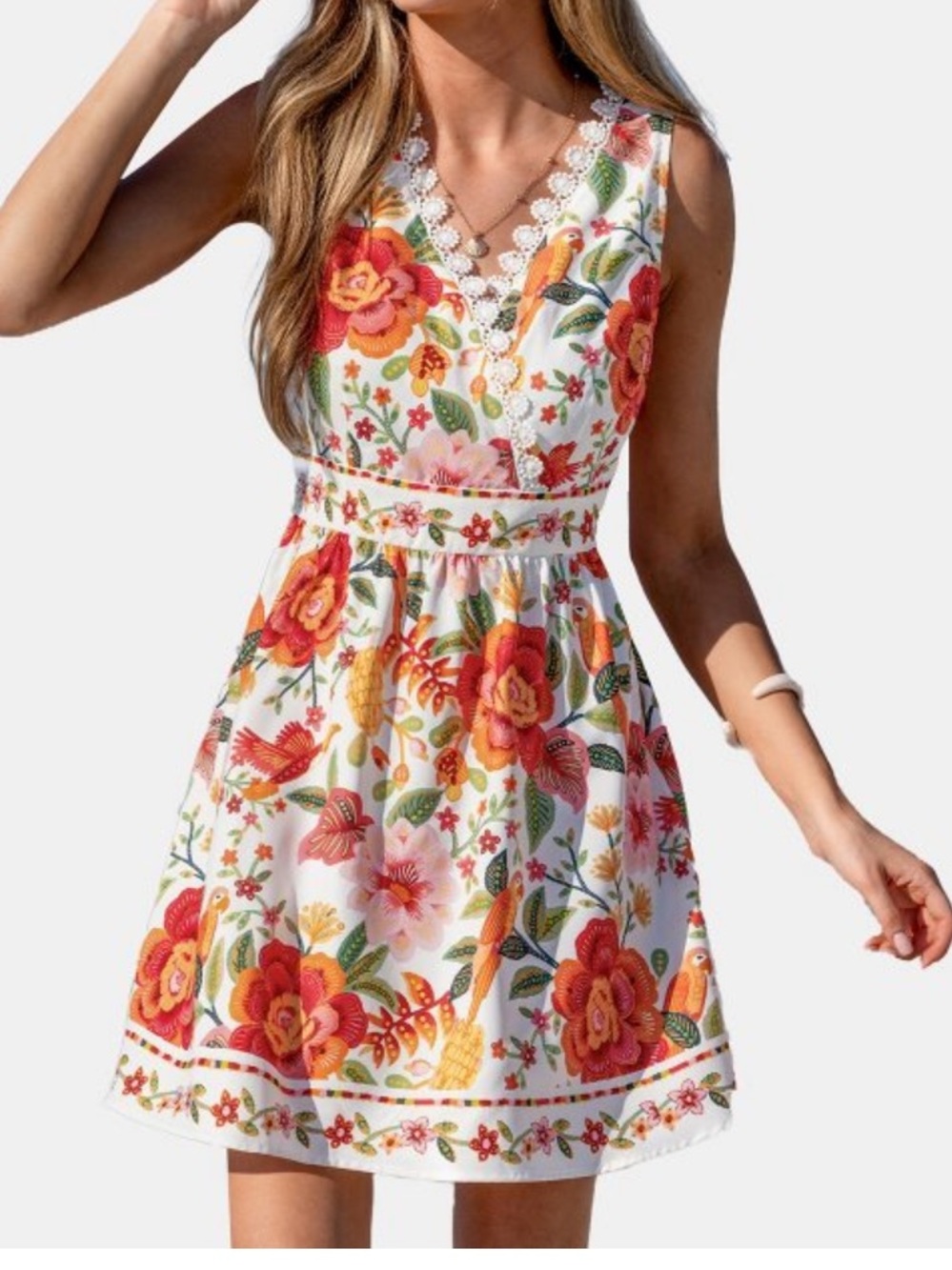 Cupshe NWT L (M) V-Neck Sleeveless White Red & Pink Floral mini dress